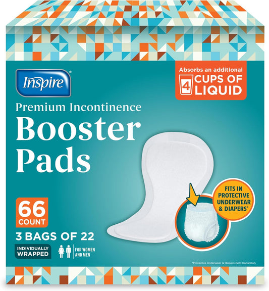 Inspire Ultra Absorbency Incontinence Booster Pads | Absorbs Over 4 Cups! | for Women or Men, Adhesive Strip Use in Incontinence Underwear and Diapers Leak-Free (66 Count)