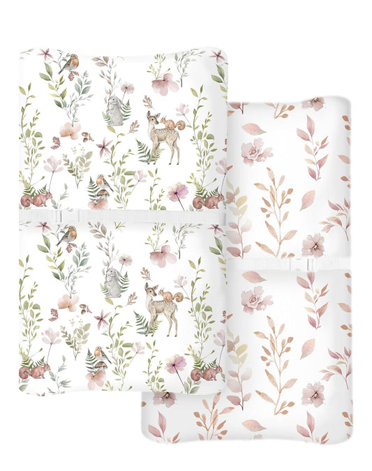 Changing Pad Cover for Baby Boys Girls 2 Pack, Fits Standard 32”×16” Changing Table Pads, Silky Breathable Stretch Knit, Machine Washable (Floral Fawn)
