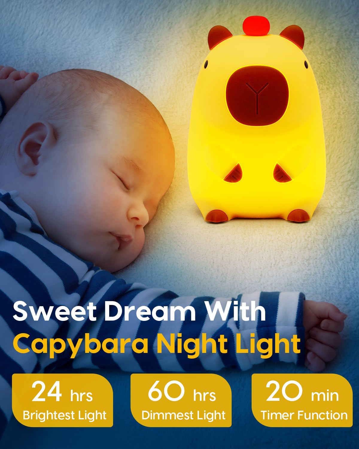Amaredom Capybara Night Light, Cute Capybara Lamp, Silicone Dimmable Nursery Nightlight, Rechargeable LED Bedside Lamp with 20 Minutes Timer & Tap Control Baby Girls Women Bedrooms, Living Room
