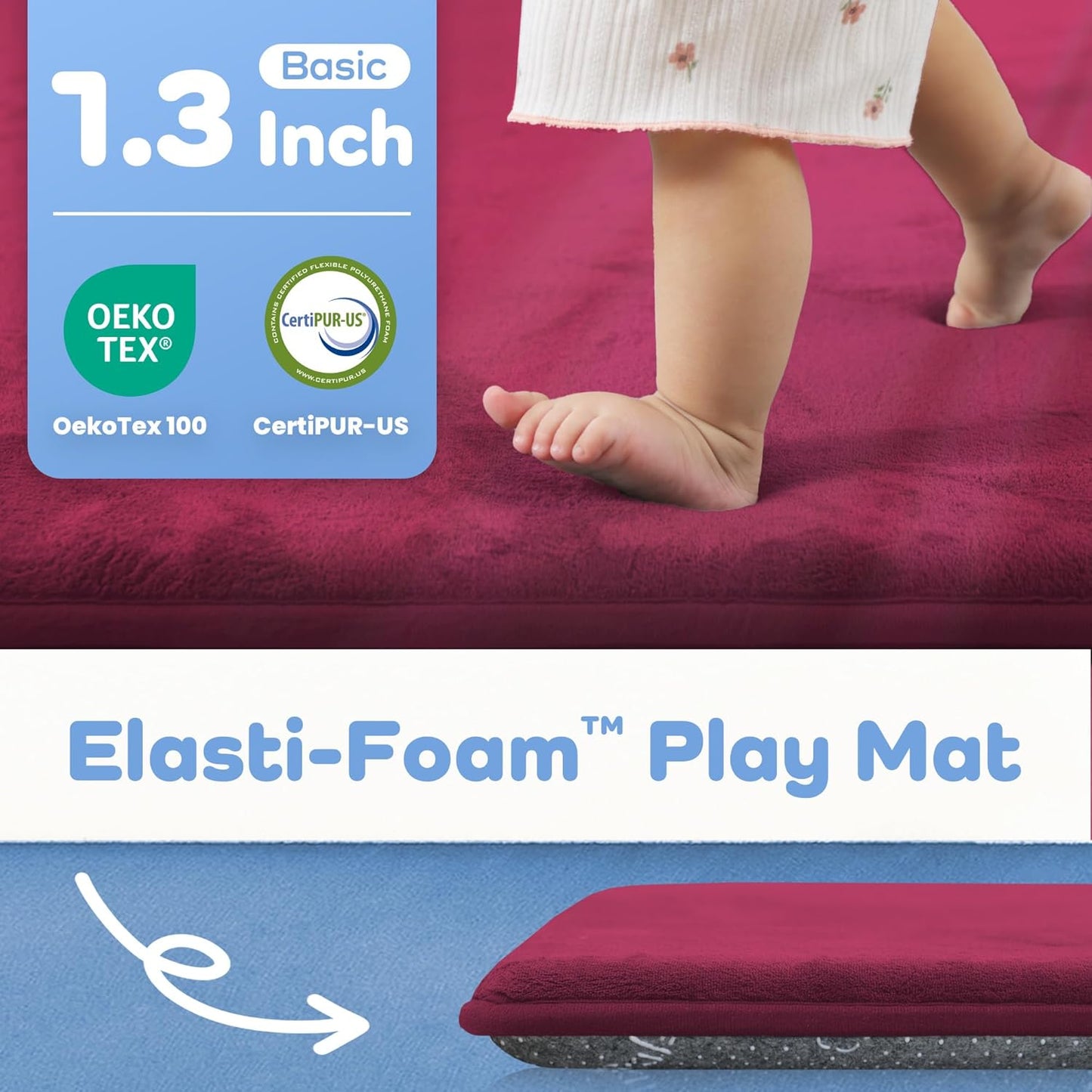 1.3" Thick Baby Floor Play Mat 50x50, Basic Padded Foam Mat for Tummy Time Crawling, Non Slip Cushioned for Babies Toddlers Infants Kids (Burgundy)