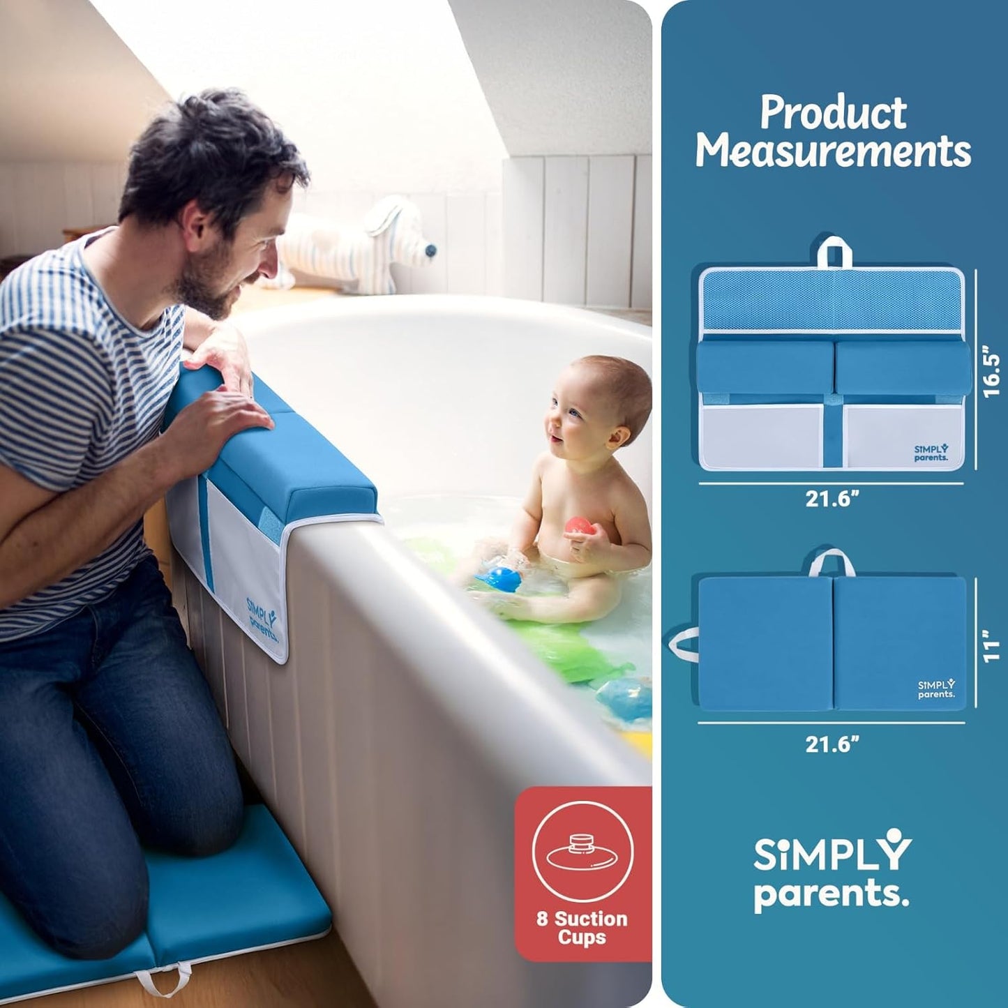 Simply Parents Comfortable Baby Bath Kneeler and Elbow Rest Pad Set - Quick-Dry Non-Slip Bath Kneeling Pad for Bathing Baby, Baby Bath Time Essentials for Newborn, Baby Bath Accessories for Tub, Blue
