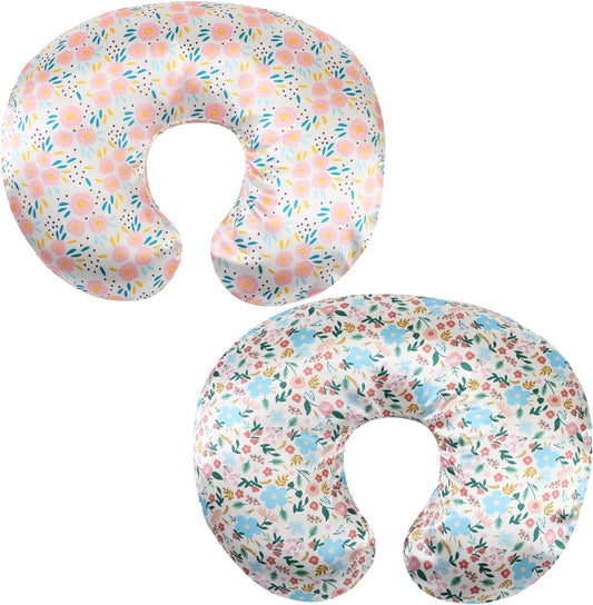 Satin Nursing Pillow Cover Set 2 Pack Ultra Soft Silk Compatible with Boppy Pillow for Breastfeeding Pillow Protect for Baby Hair and Skin Floral & Floral