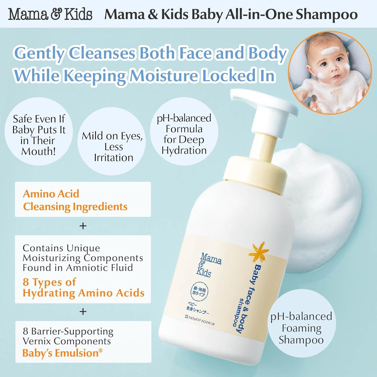 Mama&Kids Baby Face & Body Shampoo 15.55 fl oz (470ml) Baby Soap and Shampoo, Hypoallergenic All-in-one body shampoo for baby
