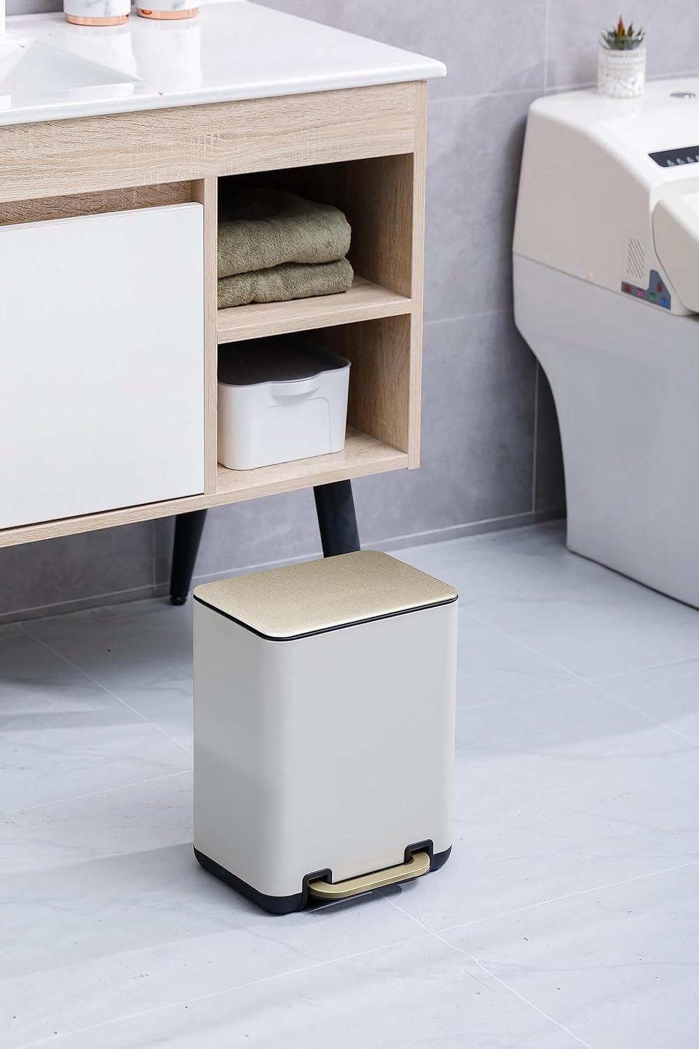 SunnyPoint 6 Liter(1.58 Gallon) Small Trash Can with Plastic Inner Buckets; Rectangle Bathroom, Office, Kitchen, and Bedroom Step On and Slow Close (WHT+Gold)
