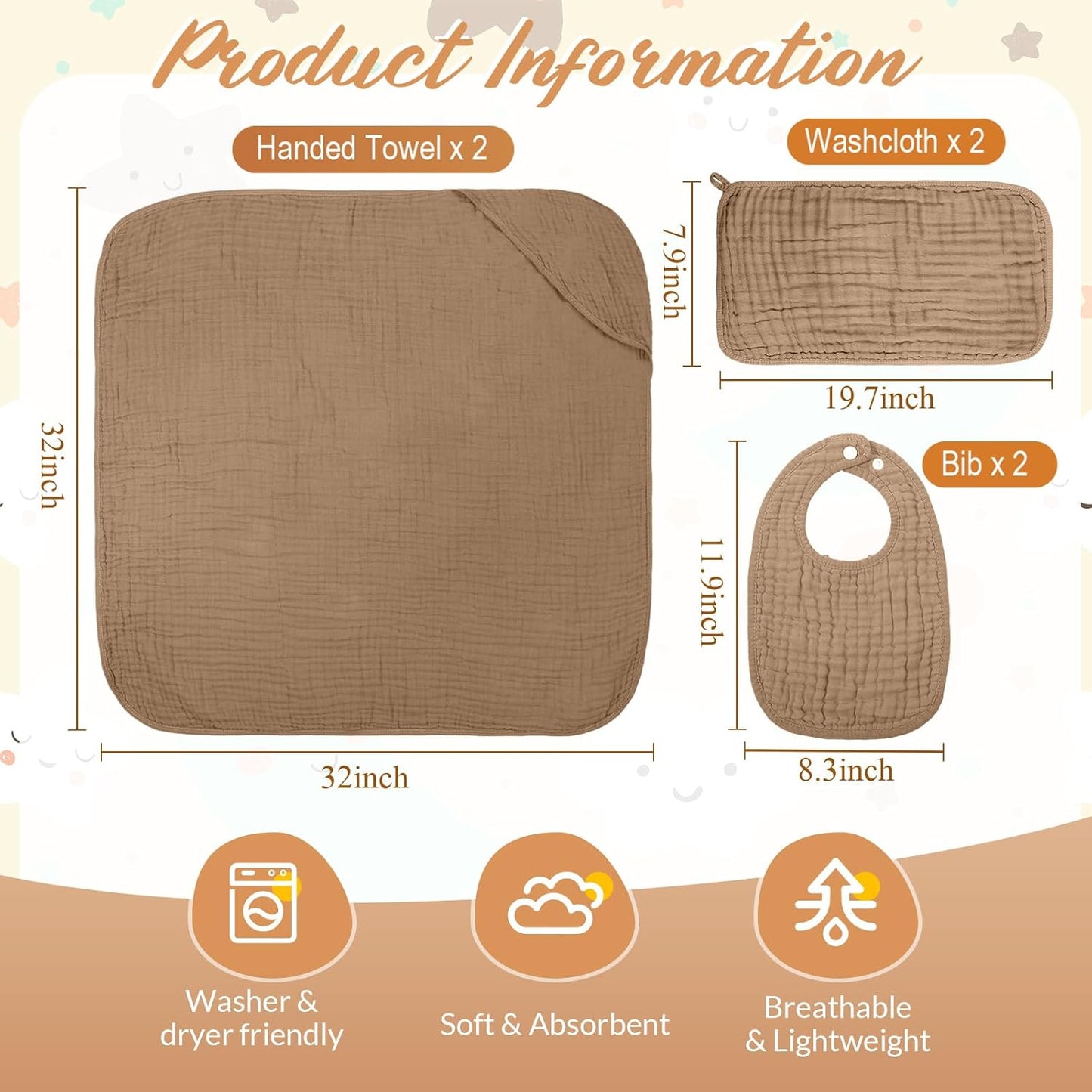 6 Pcs Muslin Hooded Bath Towels Washcloths and Bibs Set, Muslin Cotton Baby Towels Absorbent Hooded Blanket Towel Infant Bibs for Boys Girls Newborn Infant Essentials(Brown, Beige)