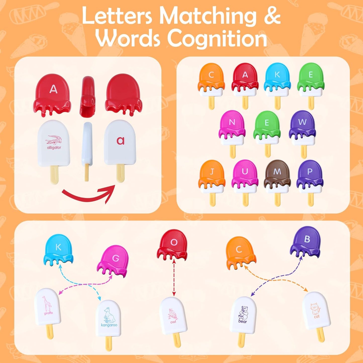 USATDD ABC Alphabet Learning Toys Alphabet Popsicles Animal Matching Toy Uppercase Lowercase Preschool Learning Activities Montessori Toys for Kids Ages 3+, 52 Pcs