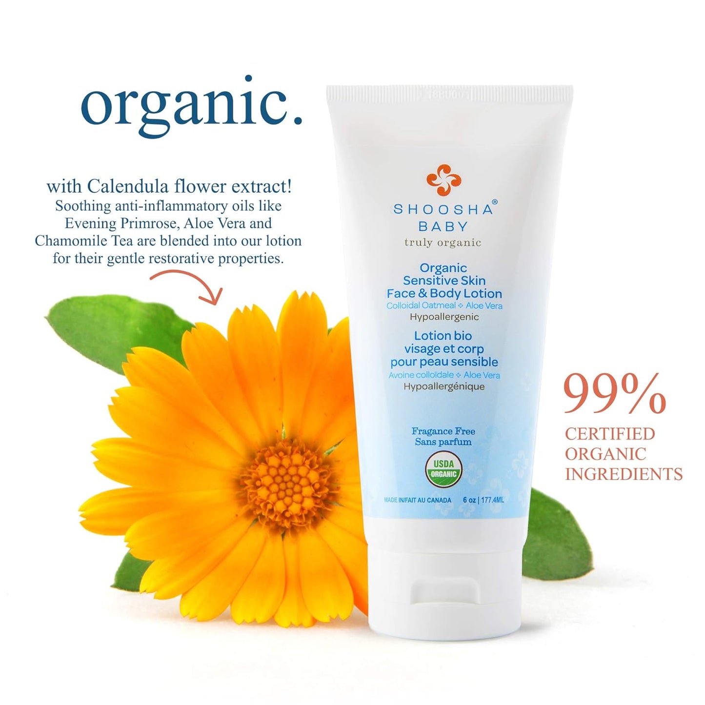 Shoosha Organic Face & Body Lotion – Fragrance Free (USDA-Certified Organic, for Sensitive Skin, All Natural Face and Body Lotion for Kids, Hypoallergenic, Non-Sticky)