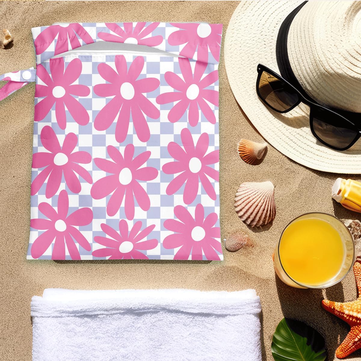 Wet Bag for Swimsuit Pool Travel Baby Cloth Diapers Dirty Yoga Gym Clothes Beach Bags Summer Gifts for Women Men Beach Vacation Essentials Flower Checker Waterproof Wet Dry Bag Travel Laundry Bags