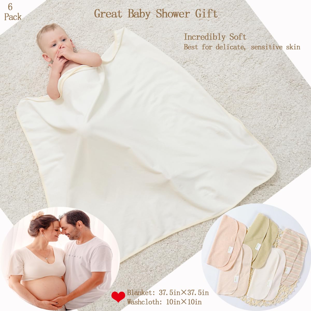 6-Pack Organic Cotton Baby Hooded Towel & Washcloths Set - Ultra Soft, Reusable, Baby Bath Towel for Newborns, Infants & Toddlers, Unisex Gifts, Brown 37.5 x 37.5 Inches