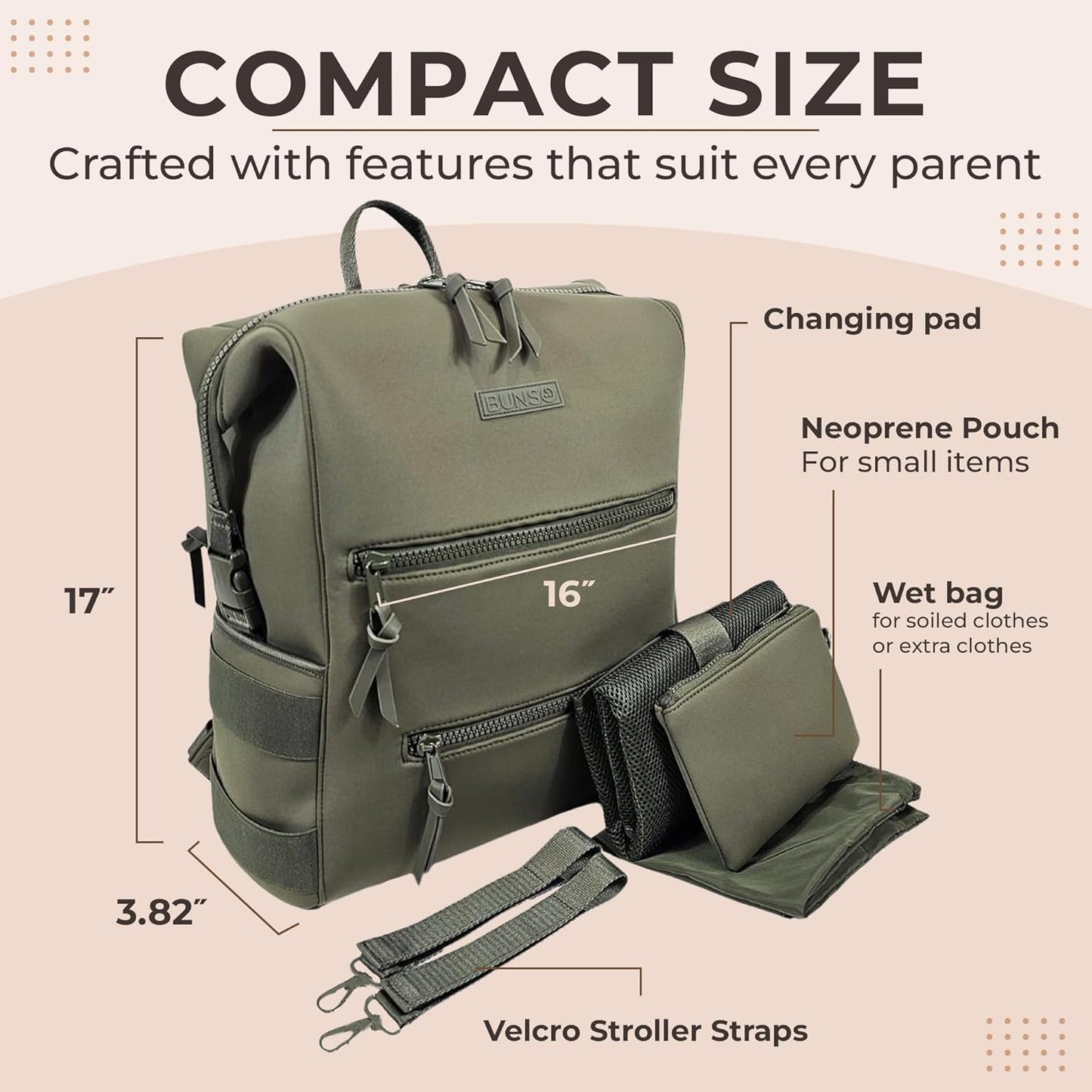 Neoprene Diaper Bag, Minimalist Backpack Diaper Bag with Pouch, Changing Pad, and Stroller Straps, Water Resistant and Lightweight Dad Diaper Bag, Diaper Bag Backpack - Olive