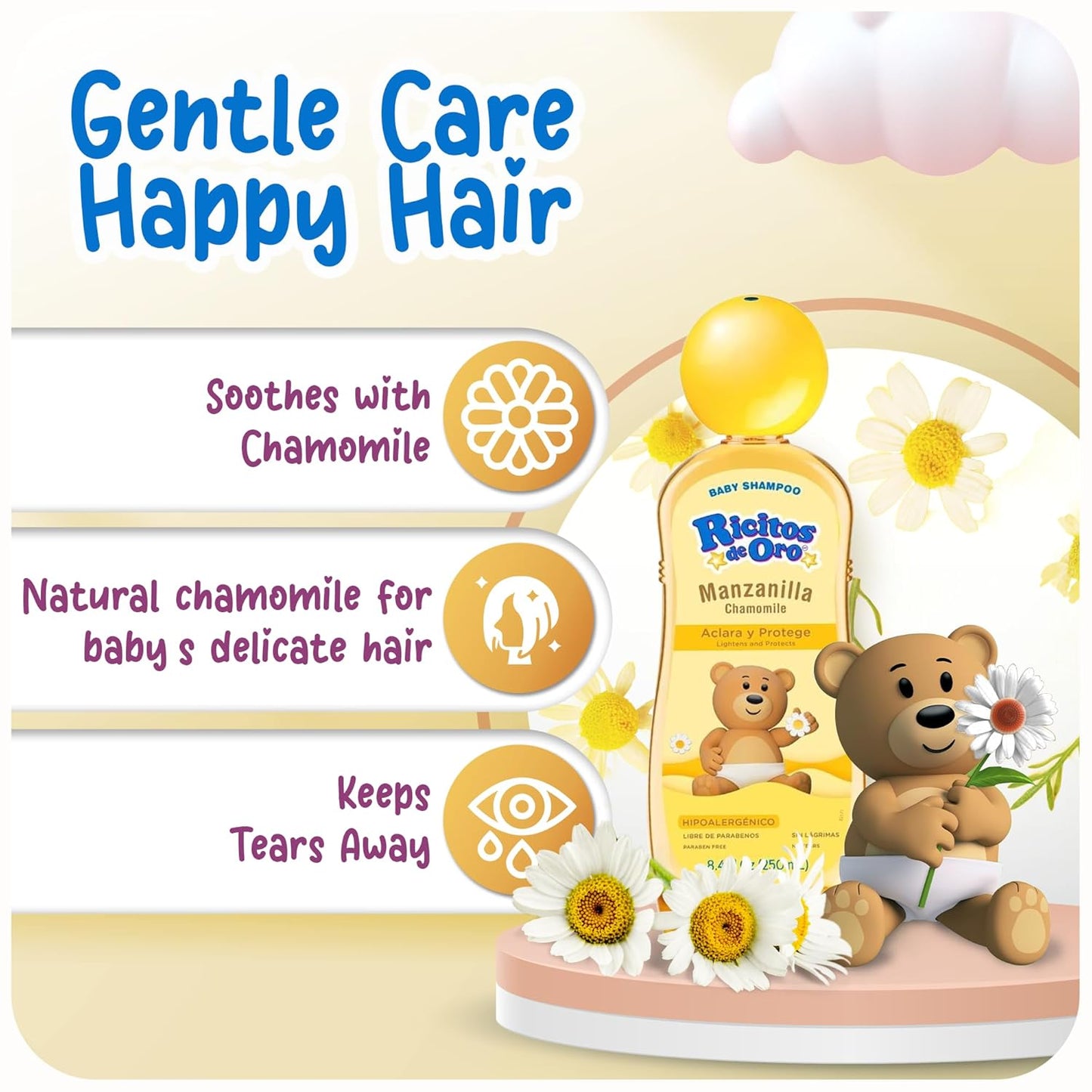 Ricitos de Oro Baby Shampoo with Chamomile, Paraben Free, Natural Lightening & Conditioning, Tear Free, Hypoallergenic, Kids Hair Care, 8.4 Fl Oz, 3-Pack