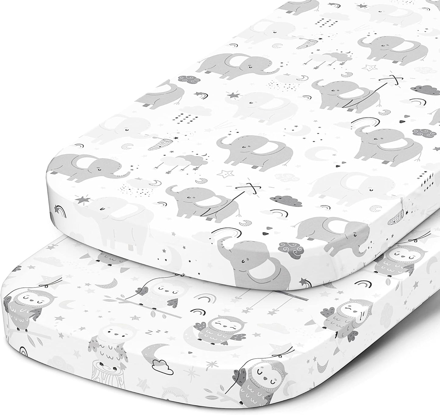 Joey + Joan Bassinet Fitted Sheets 19" x 32" for Cowiewie Bedside Sleeper Bassinet Mattress Pad – Snuggly Soft 100% Jersey Cotton – Grey Stars Elephants – 2 Pack