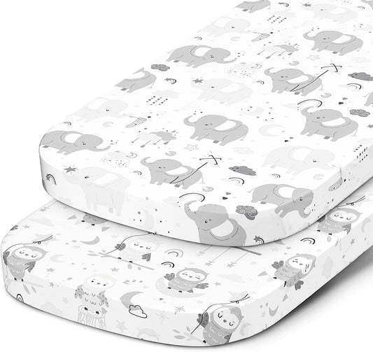 Joey + Joan Bassinet Fitted Sheets 19" x 32" for Cowiewie Bedside Sleeper Bassinet Mattress Pad – Snuggly Soft 100% Jersey Cotton – Grey Stars Elephants – 2 Pack