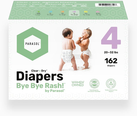 Parasol Clear+Dry Disposable Diapers and Clear+Pure Wipes Kit, RashShield Protection, Size 4 (20-32 lbs), Diaper Bundle of 162 Diapers & 240 Wipes