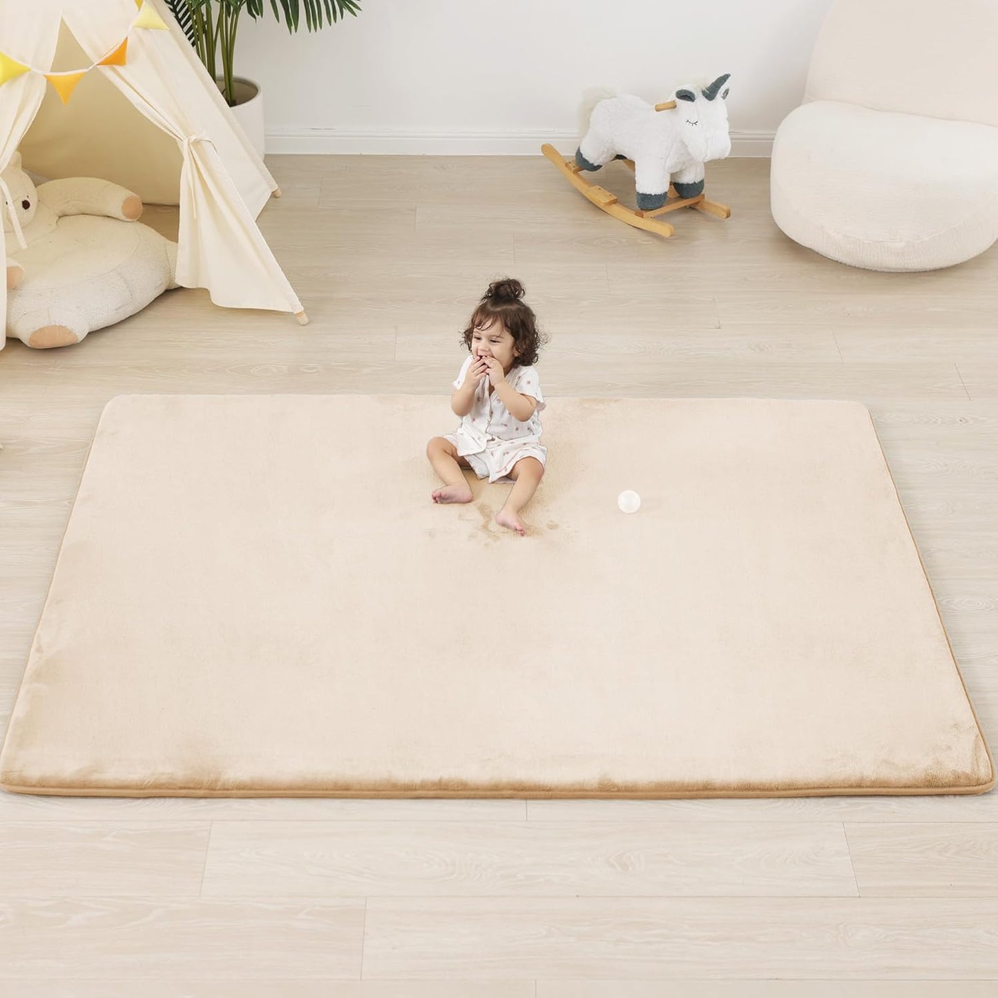 1.3" Thick Baby Floor Play Mat 59x71, Basic Padded Foam Mat for Tummy Time Crawling, Non Slip Cushioned for Babies Toddlers Infants Kids (Beige)