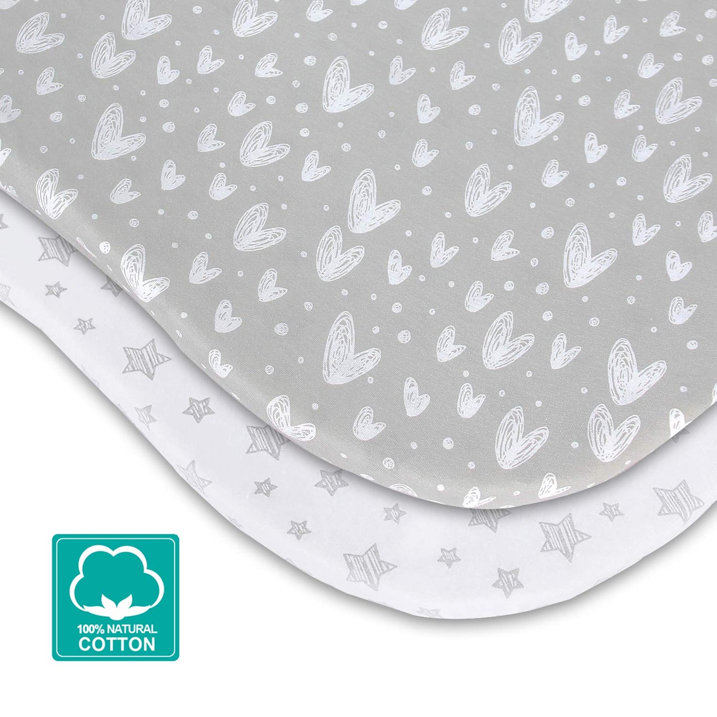Bassinet Sheets Compatible with BIERUM Baby Bassinet Bedside Sleeper and Mika Micky Bedside Sleeper, (2 Pack), 100% Jersey Knit Cotton Fitted Sheets, Grey Hearts and White Stars Print for Baby