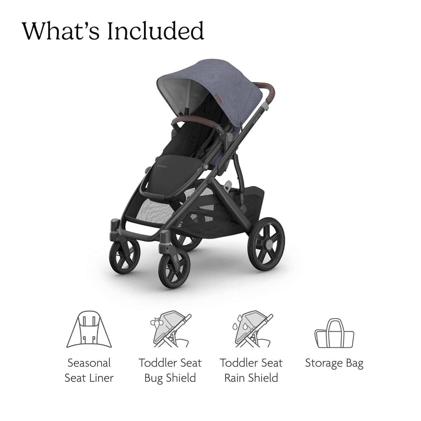 UPPAbaby Vista V3 Stroller - Full-Size Single-to-Double Stroller System - Toddler Seat, Bug Shield, Rain Shield, and Storage Bag Included - Julian (Dusty Blue Mélange/Carbon Frame/Chestnut Leather)