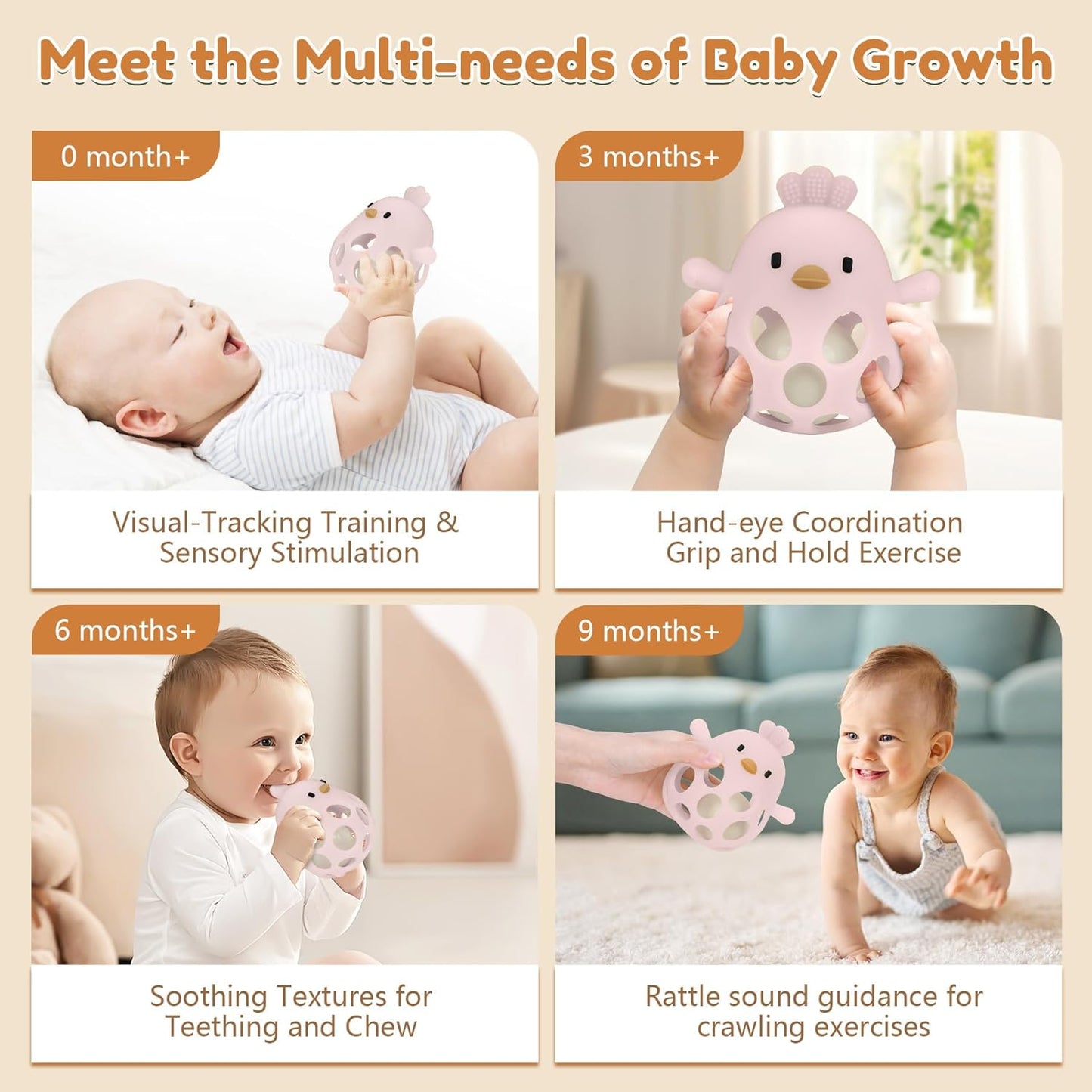 MCGMITT Teethers for Babies 3-6 Months, Easy Grasp Silicone Baby Rattles 0-6 Months, BPA-Free Non Toxic Montessori Infant Toys for Teething Relief, Soft Interactive Infant Car Seat Toys Bath Toys