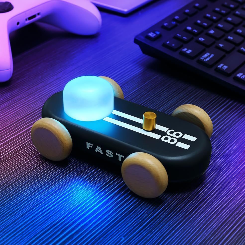 Wooden Go-Kart Night Light for Kids, 7 Color Adjustable, USB Rechargeable (Black)