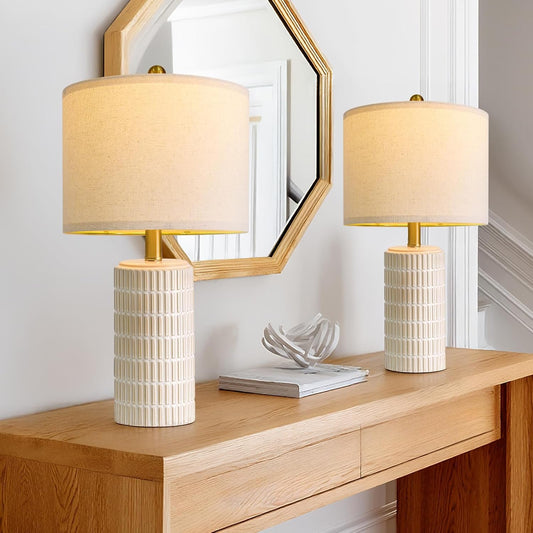 PoKat 20.75" Small Modern Ceramic Table Lamps Set of 2 for Bedroom, White Bedside Lamps for Night Stands, Farmhouse Desk Decor Nightstand Table Lamps for Living Room End Table Beige