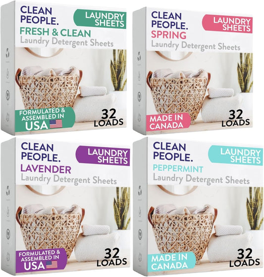 Clean People Laundry Detergent Sheets- Recyclable Packaging, Hypoallergenic, Stain Fighting, Works with All Machines including HE (128 Count, Variety Pack)