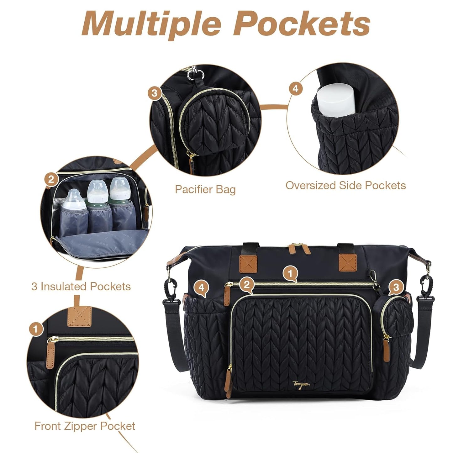 Diaper Bag Tote, Large Diaper Bags Waterproof, Hospital Bag for Labor Delivery, Baby Bag with Pacifier Case, Travel Diaper Tote with Changing Pad, Black