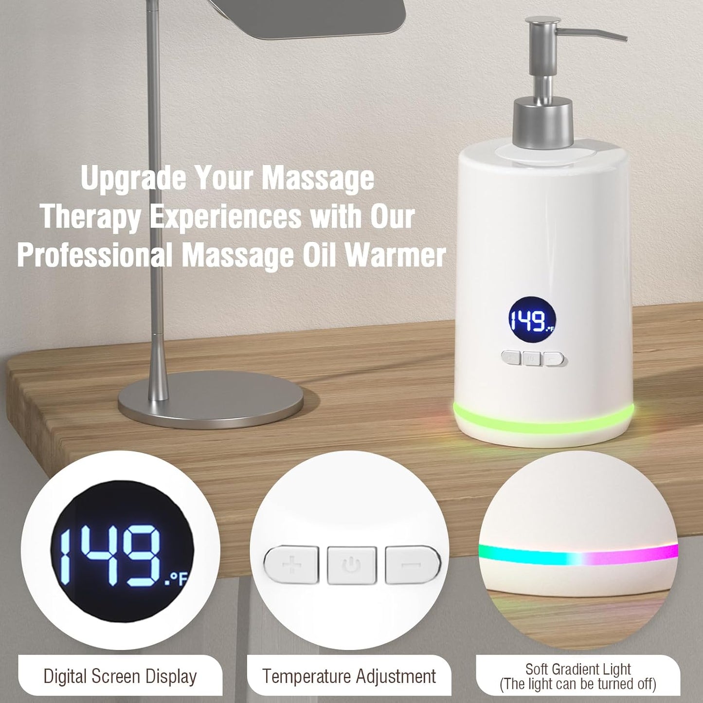 Massage Oil Lotion Warmer, Massage Oil Heater for SPA Massage Therapy and Personal Use, Portable Body Oil Warmer Dispenser with Two Massage Bottles, Adjustable Temperature(86-149°F), White