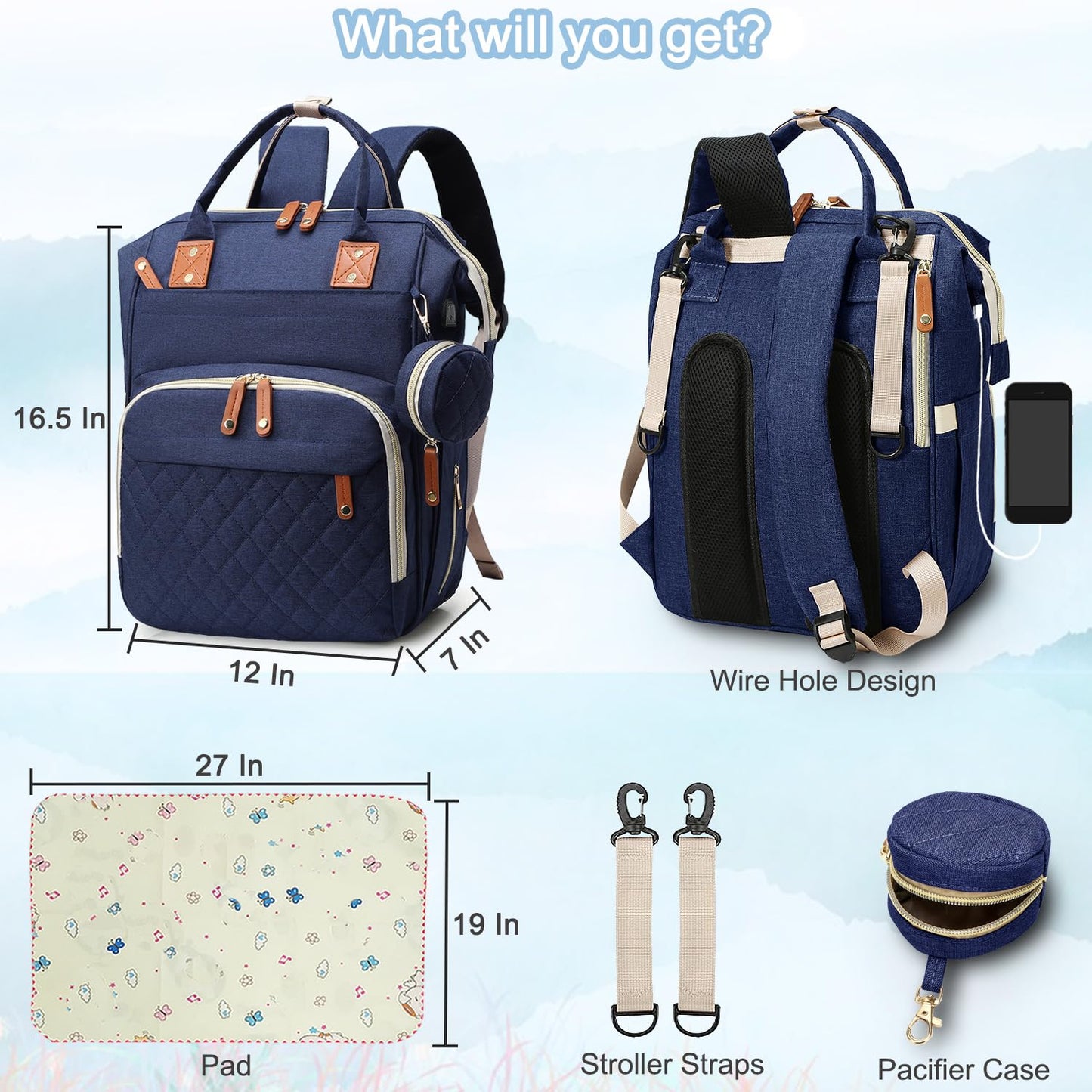 Diaper Bag Backpack Baby Bag, Baby Girl Boy Diaper Bag for Dad Mom with Pad, 16 Pockets, Pacifier Case, Large Diaper Bags Unisex for Travel (Blue)