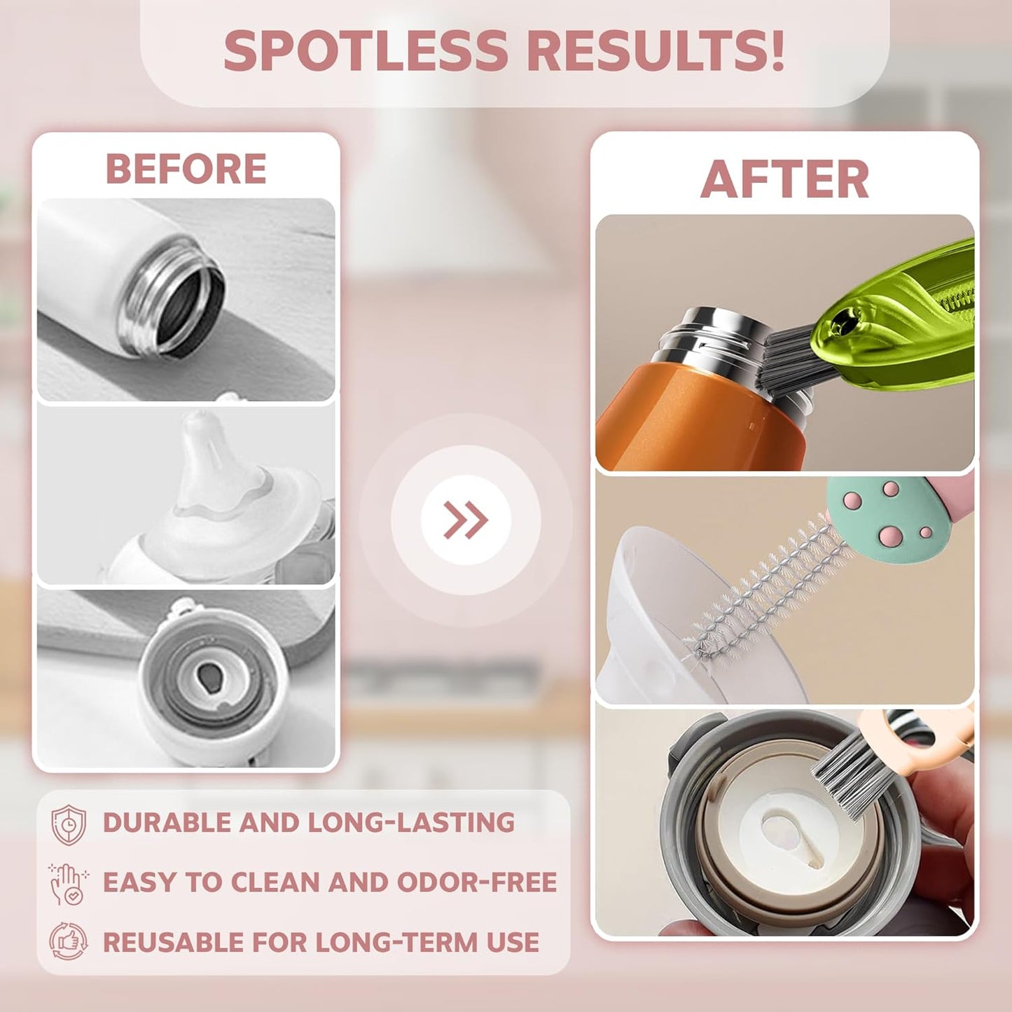 Cup Lid Cleaning Brush, Multifunctional Set with 3 in 1 Lid Cleaner and Two 4 in 1 Cup Lid Cleaning Brushes, Cleaning Brush Tool for Bottles, Straws, Tumblers, Travel Mug Caps, Portable Kit (Pink)