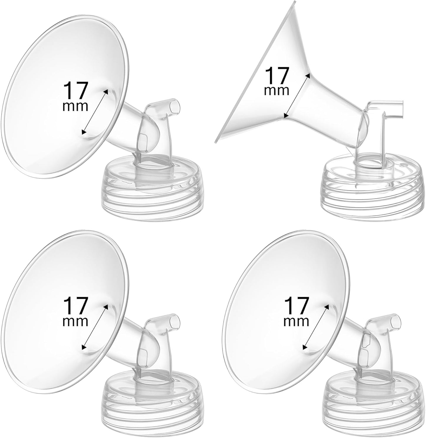 4PCS 17mm Breast Pump Flanges, Compatible with Spectra S1/S2/9Plus/Synergy Gold, Motif Luna, Wide-Mouth Bottle Fit, Breast Pump Accessories