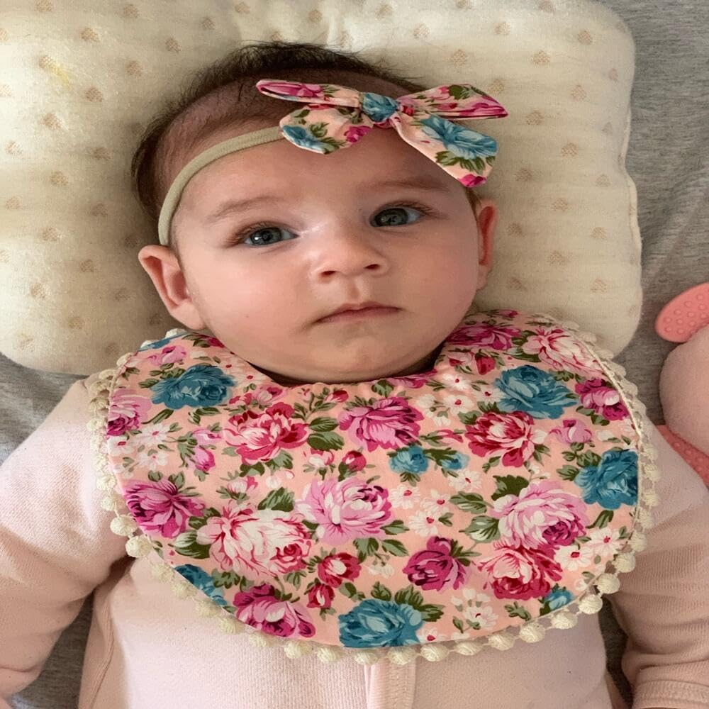 Baby Girls Floral Print Bibs, Reversible Burp Cloth Set for Newborn Infant Toddlers
