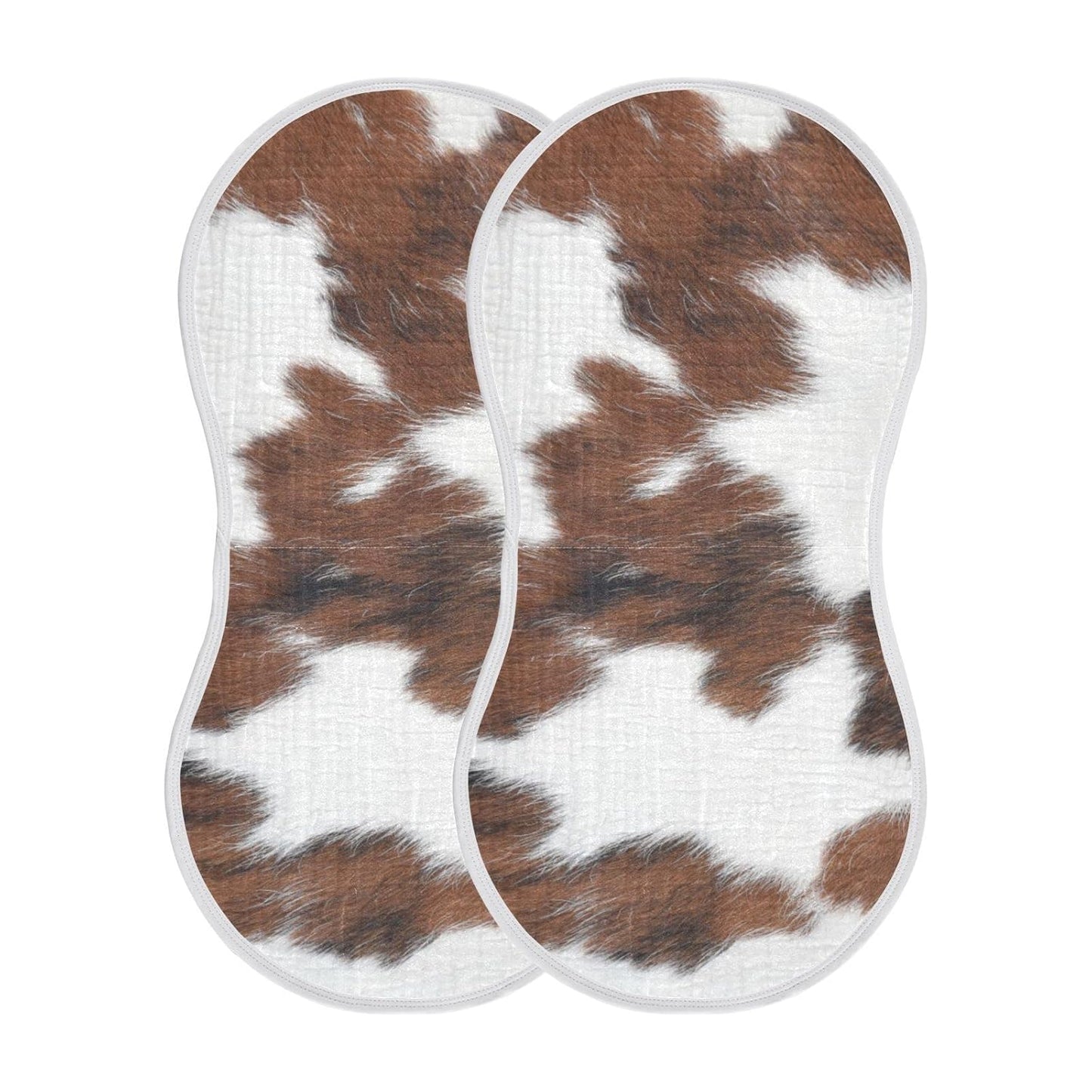 Muslin Baby Burp Cloths Set of 2, Soft Absorbent White Brown Print Cow Muslin Washcloths, Bibs, Face Towel for Newborn Boys Girls, 22 x 11 Inch