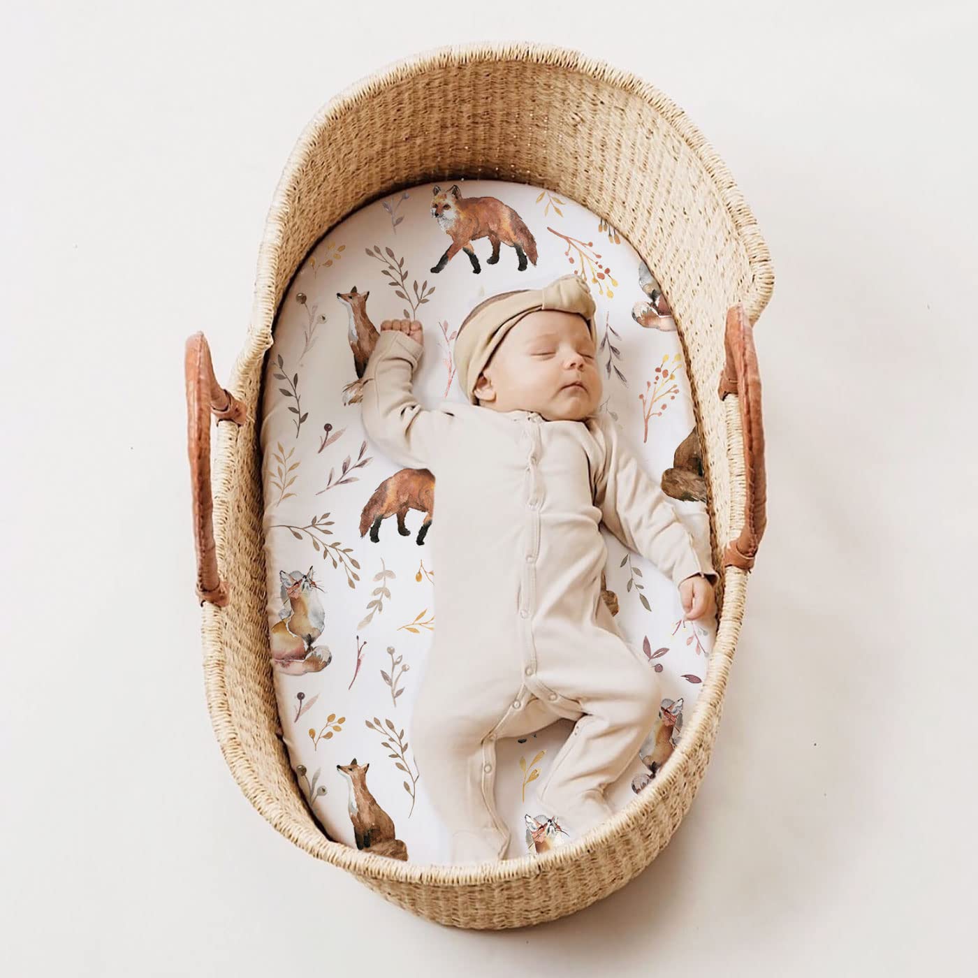 GRSSDER Stretchy Ultra Soft Fitted Bassinet Sheet Set 3 Pack, Universal Fit for Bassinets Baby Cradle Moses Basket Oval Rectangle Mattress, Pretty Fox for Baby Girls