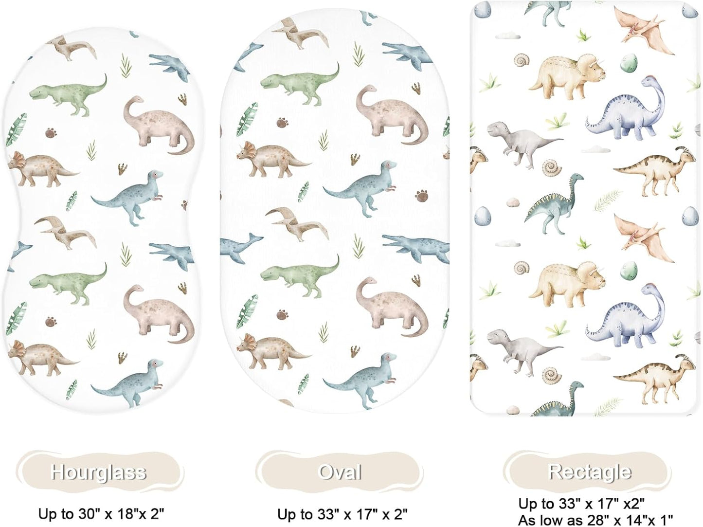 Bassinet Sheets for Baby Girls Boys 2 Pack, Fitted Baby Mattress Sheet for Rectangle, Oval, Hourglass Bassinet Mattress, Breathable Cozy & Universal Fit (Dino Pals)