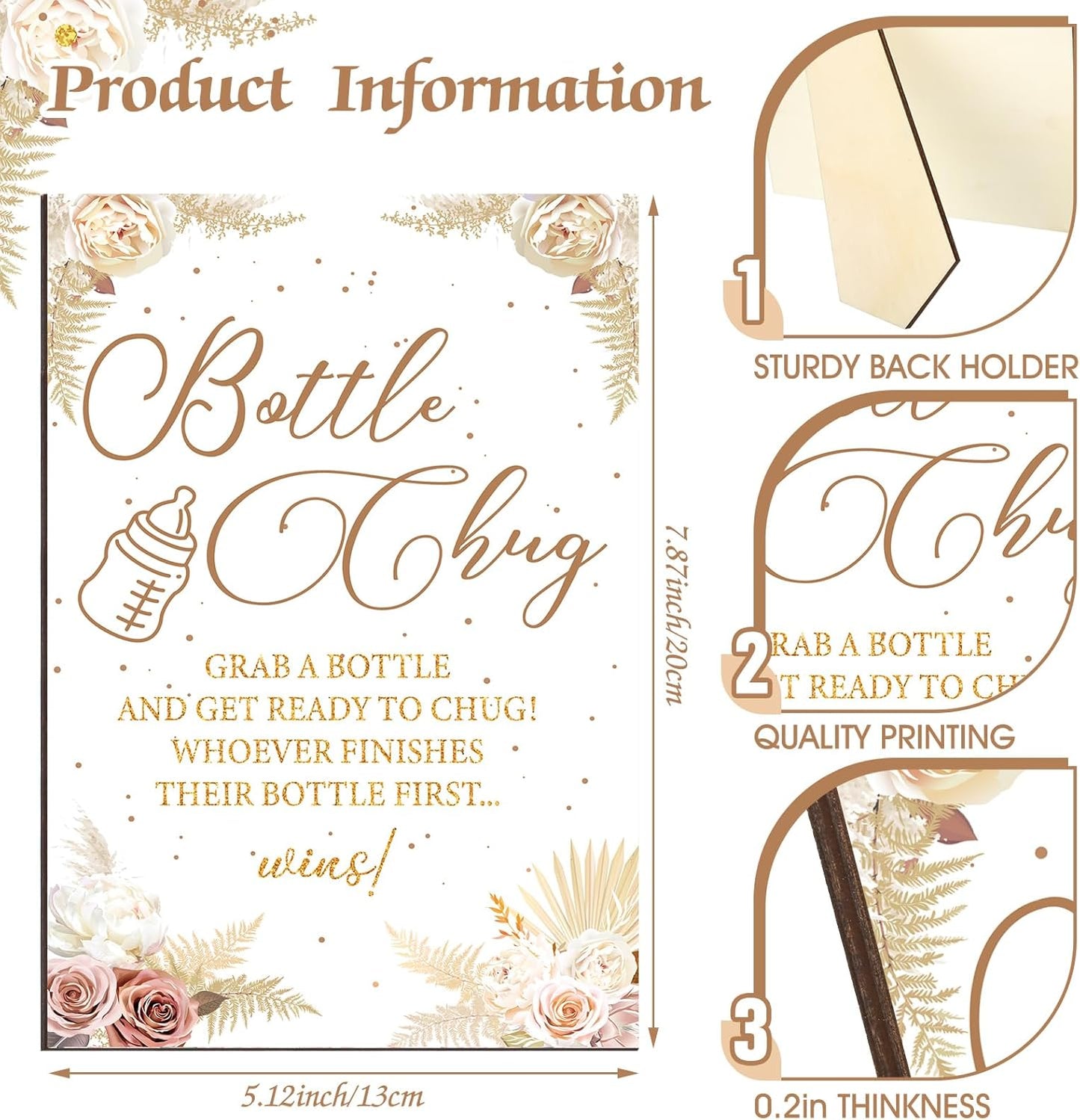 TrelaCo Cool Baby Shower Games Wooden Bottle Chug Sign Boho Theme Gift Sets and 12 Pcs Baby Bottle Shower Favor for Pampas Games Gender Reveal (Boho Pampas)