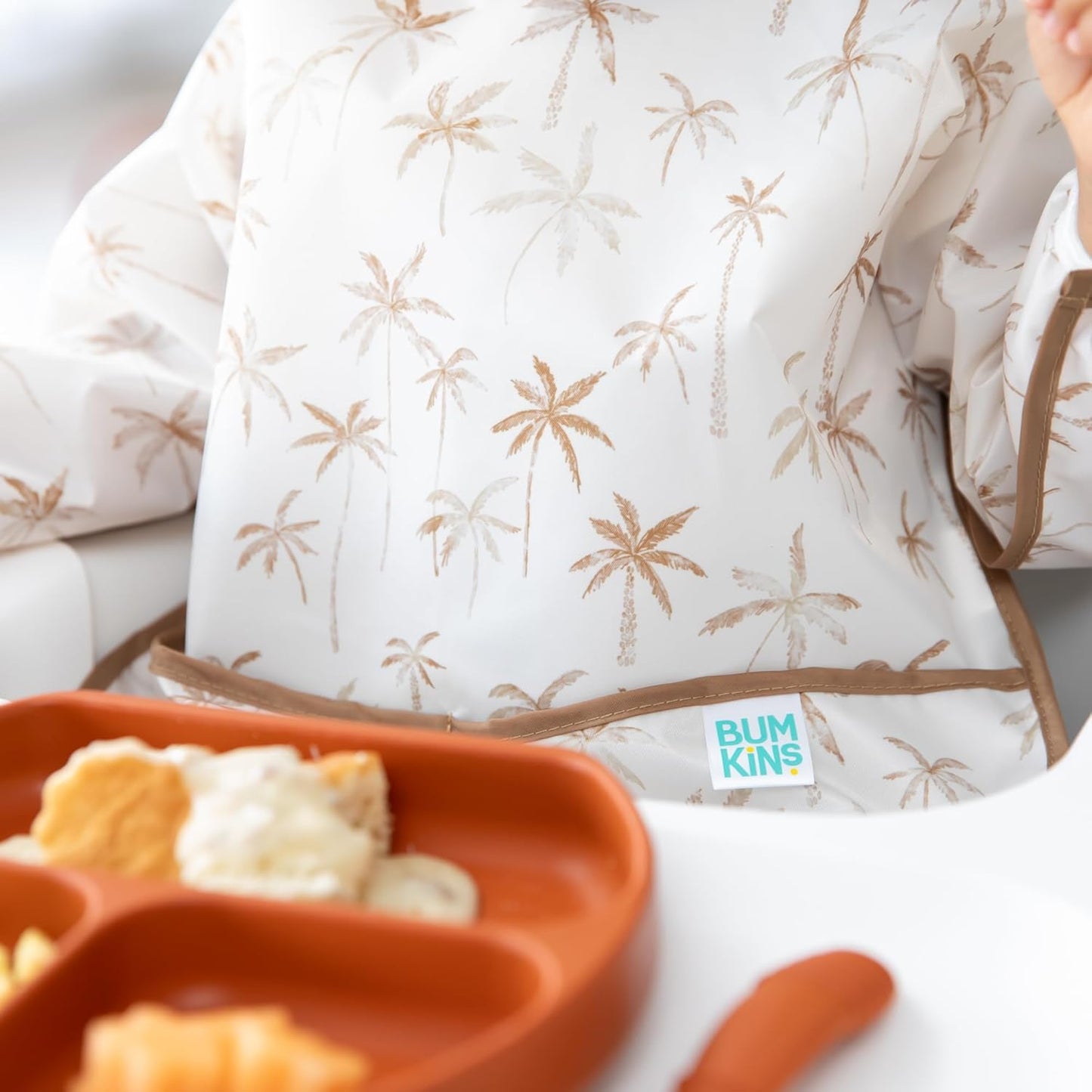 Bumkins Sleeved Bib for Girl or Boy, Baby and Toddler for 6-24 Mos, Essential Must Have for Eating, Feeding, Baby Led Weaning Supplies, Long Sleeve Mess Saving Food Catcher, Soft Fabric, Palm Trees