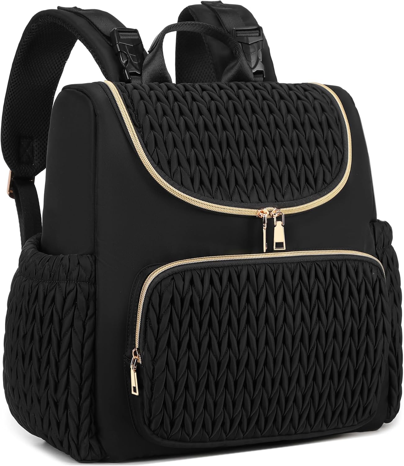 Large Capacity Diaper Bag Backpack with Stroller Buckle, Water-Resistant Travel Baby Bag with Insulated Pockets (modern, Black-lightgold)