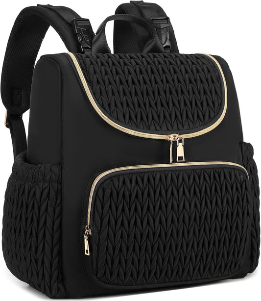 Large Capacity Diaper Bag Backpack with Stroller Buckle, Water-Resistant Travel Baby Bag with Insulated Pockets (modern, Black-lightgold)