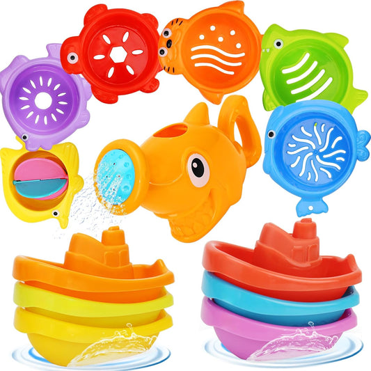Bath Toys for Kids Ages 1-3, Kids Bath Toys with Floating Boats, Bathing Spoon Shower, 13 PCS Bathtub Toy for Babies Water Table Pool Birthday Gift for Toddlers 1-3 Infant Baby Boys/Girls 6-12-18M+