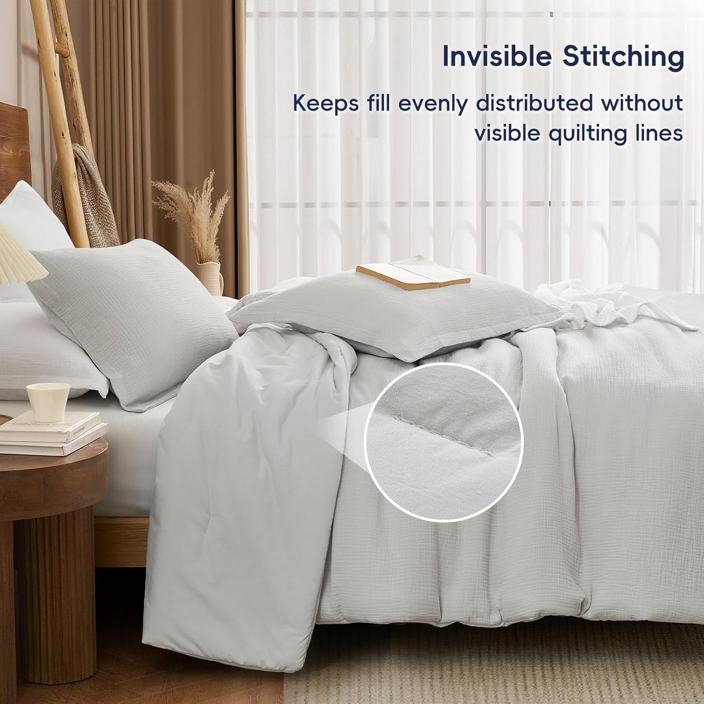 PHF Cotton Muslin Comforter Set King Size – Ultra Soft, Breathable & Lightweight Bedding Set for All Seasons, 3 Pieces - 1 Comfy Comforter 104"x90", 2 Pillow Shams 20"x36", Light Grey