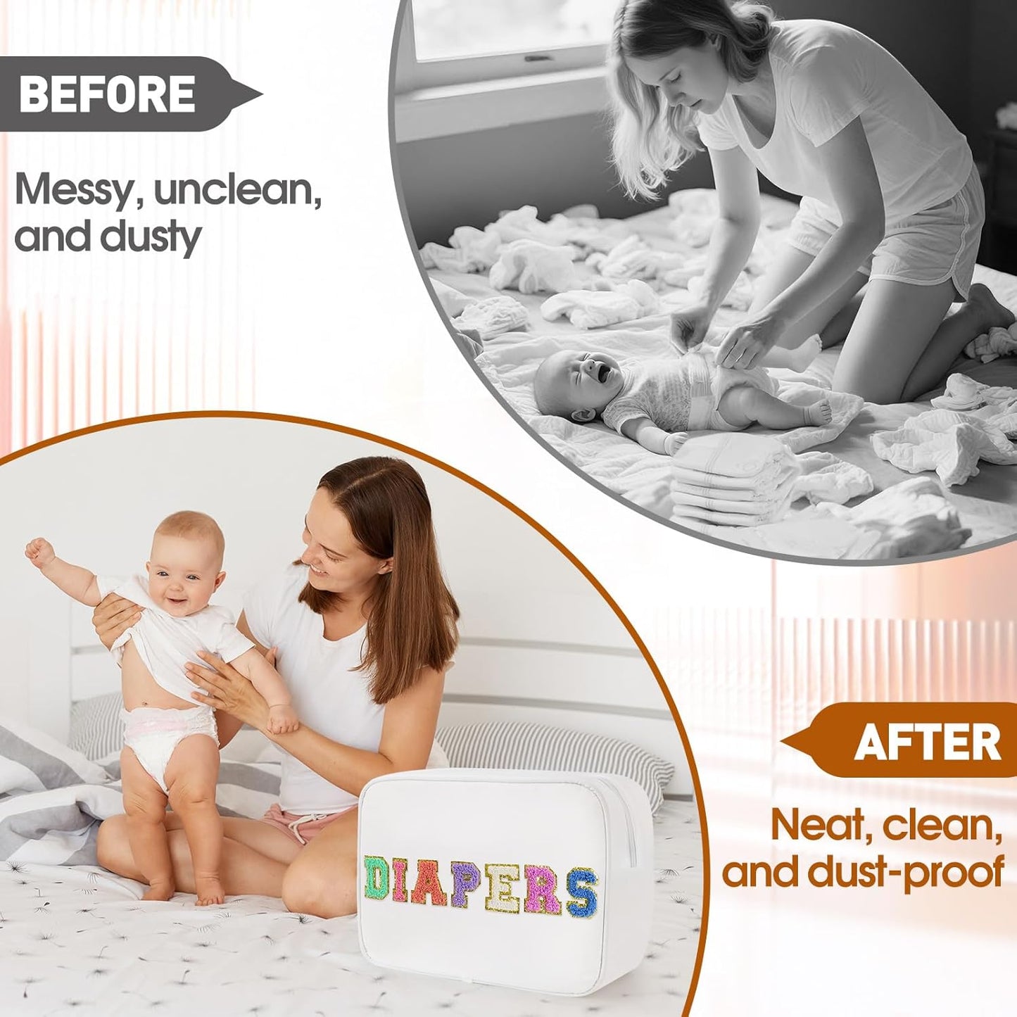 Portable Small Diaper Bag, Chenille Letter Diaper Caddy Organizer Pouch Newborn Baby Essentials Must Haves for Nursery Changing Table, White Waterproof Diaper Pail Baby Shower Gifts for Mom To Be