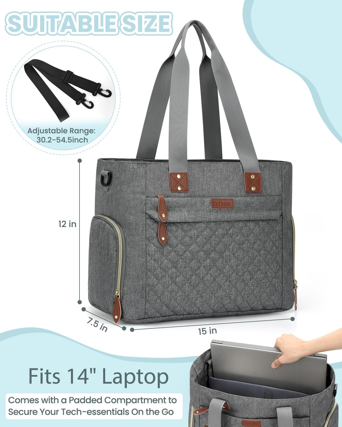 Diaper Bag Tote for Working Mom, Large Travel Diaper Tote for Mom and Dad with 14 Inch Laptop Sleeve, Mommy Maternity Travel Baby Bag for Boys and Girls, Grey