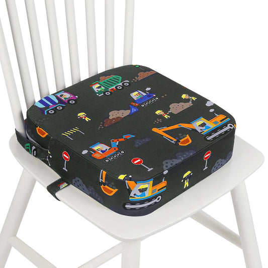 Toddler Booster Seat for Dining Table, Kids Booster Seat for Kitchen Chair with Non-Slip Bottom, Portable Detachable Washable Increasing Cushion with 2 Adjustable Straps (Excavator)