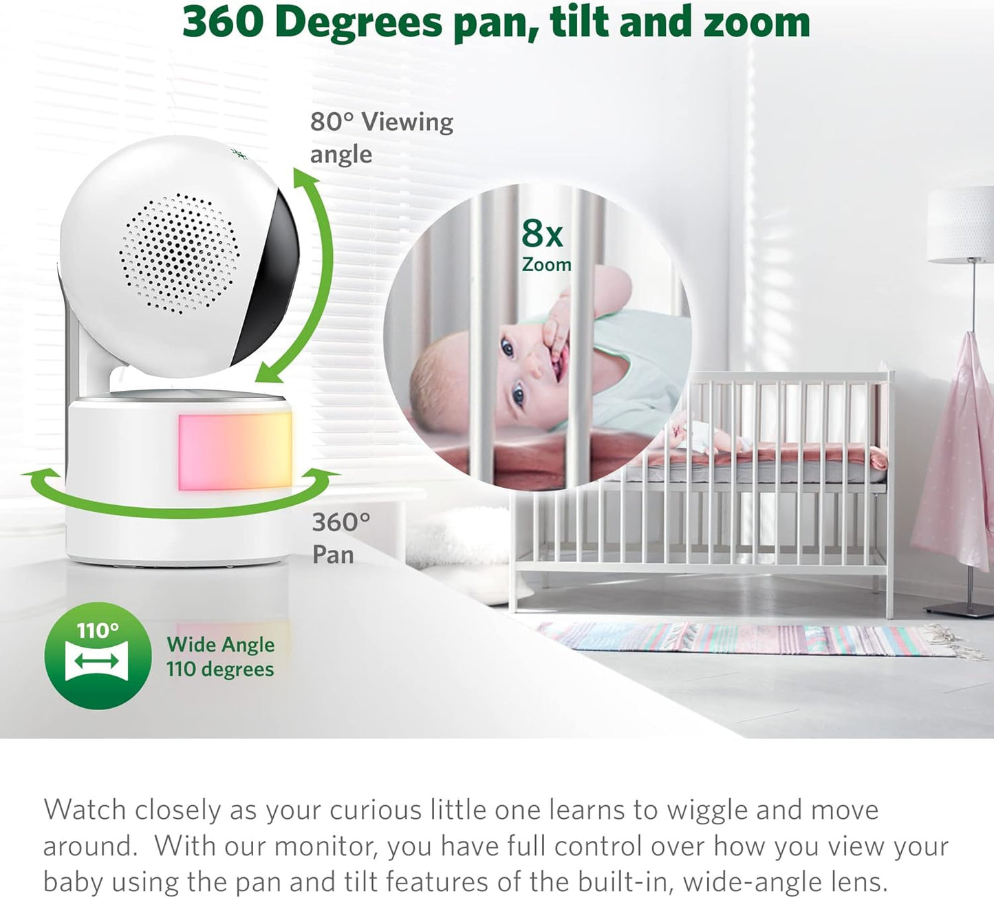 LeapFrog LF915-2HD Baby Monitor, 2 Cameras, 5” 720p Screen, 360° Pan-Tilt-Zoom, Color Night Vision, Night Light, Two-Way Intercom, Secured Transmission No WiFi