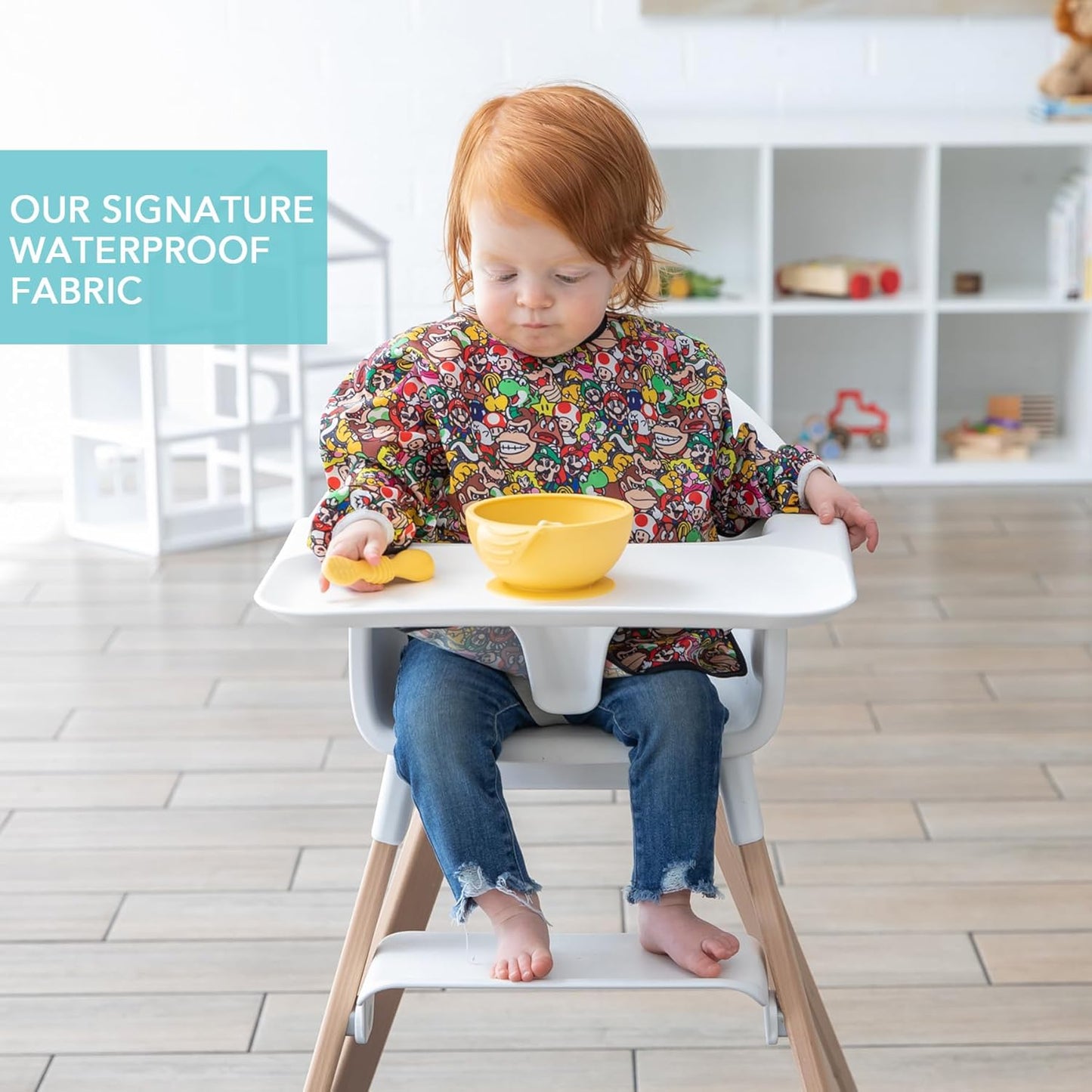 Bumkins Sleeved Bib for Girl or Boy, Baby and Toddler for 6-24 Mos, Essential Must Have for Eating, Feeding, Baby Led Weaning Supplies, Long Sleeve Mess Saving Food Catcher, Nintendo Super Mario