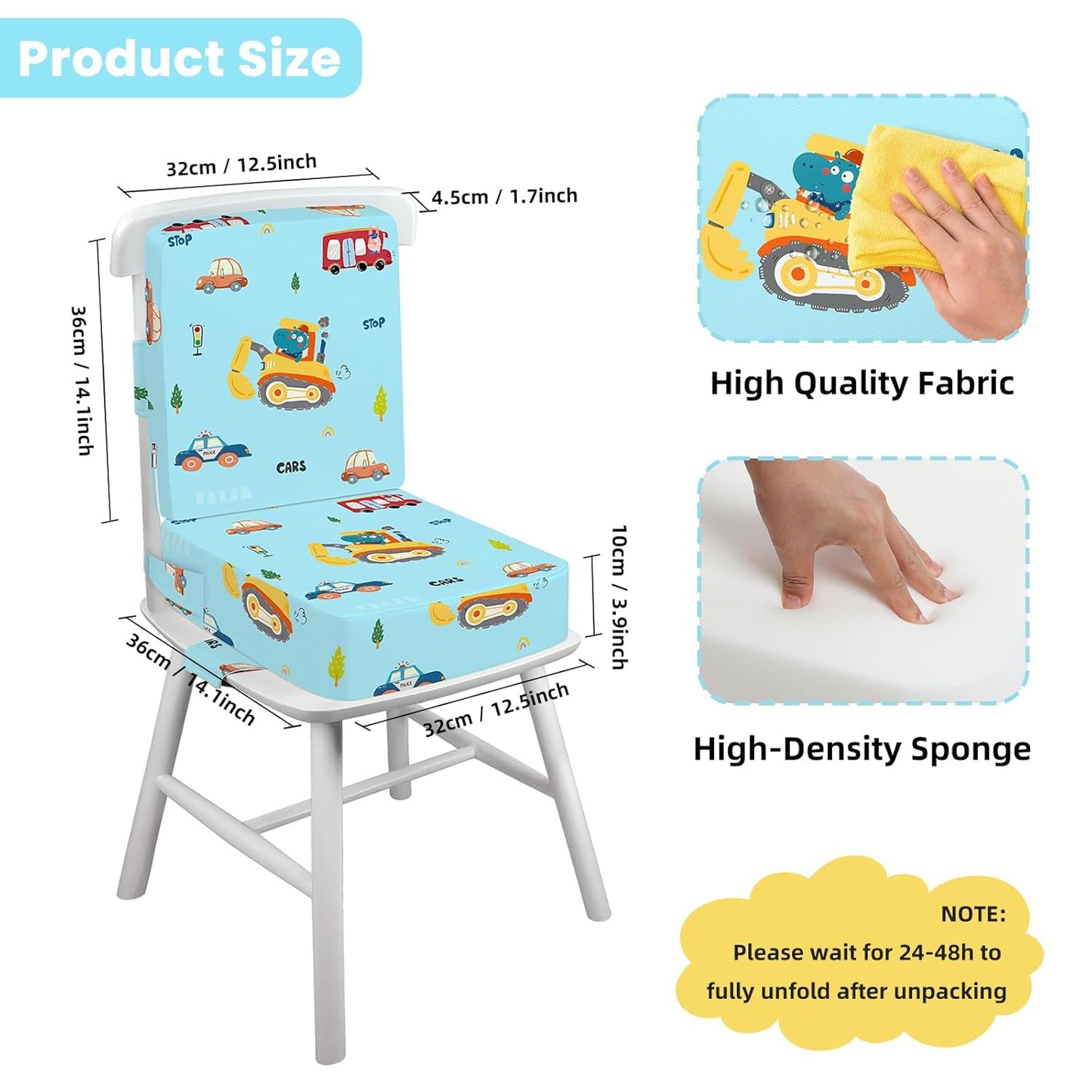 Toddler Booster Seat for Dining Table with Adjustable Straps, Kids Booster Seat for Kitchen Chair with Non-Slip Bottom, Portable Detachable Washable Increasing Cushion (Excavator)
