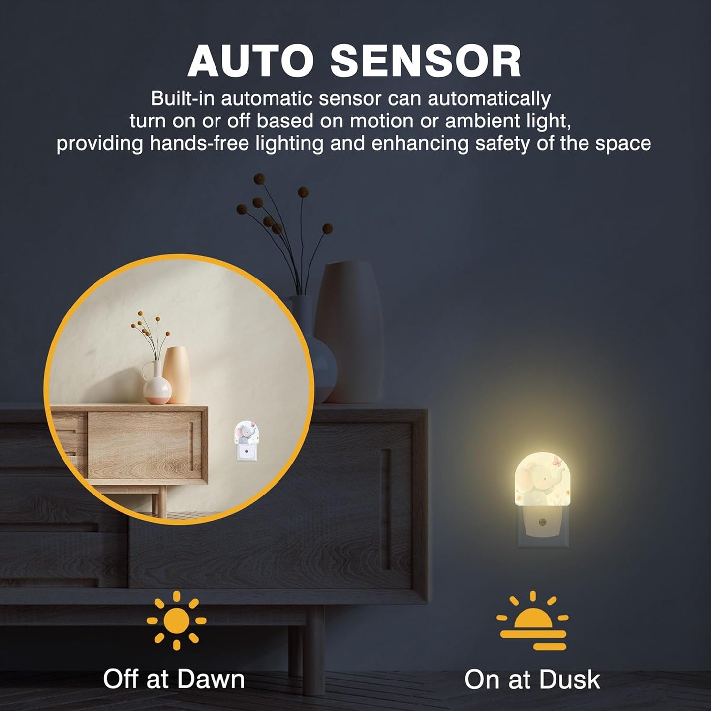 Floral Night Lights Plug into Wall Cute Elephant and Pink Butterfly Night Light Dusk to Dawn Smart Sensor Decorative Round Led Lamp for Bedroom Kitchen Hallway Nightlight for Women Men