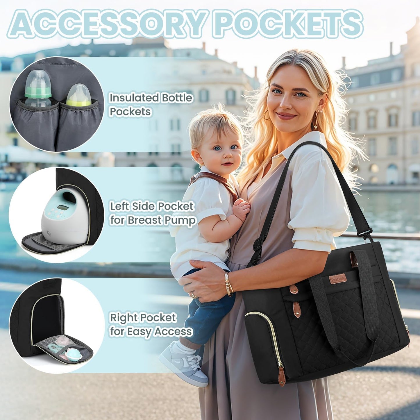Diaper Bag Tote for Working Mom, Large Travel Diaper Tote for Mom and Dad with 14 Inch Laptop Sleeve, Mommy Maternity Travel Baby Bag for Boys and Girls, Black