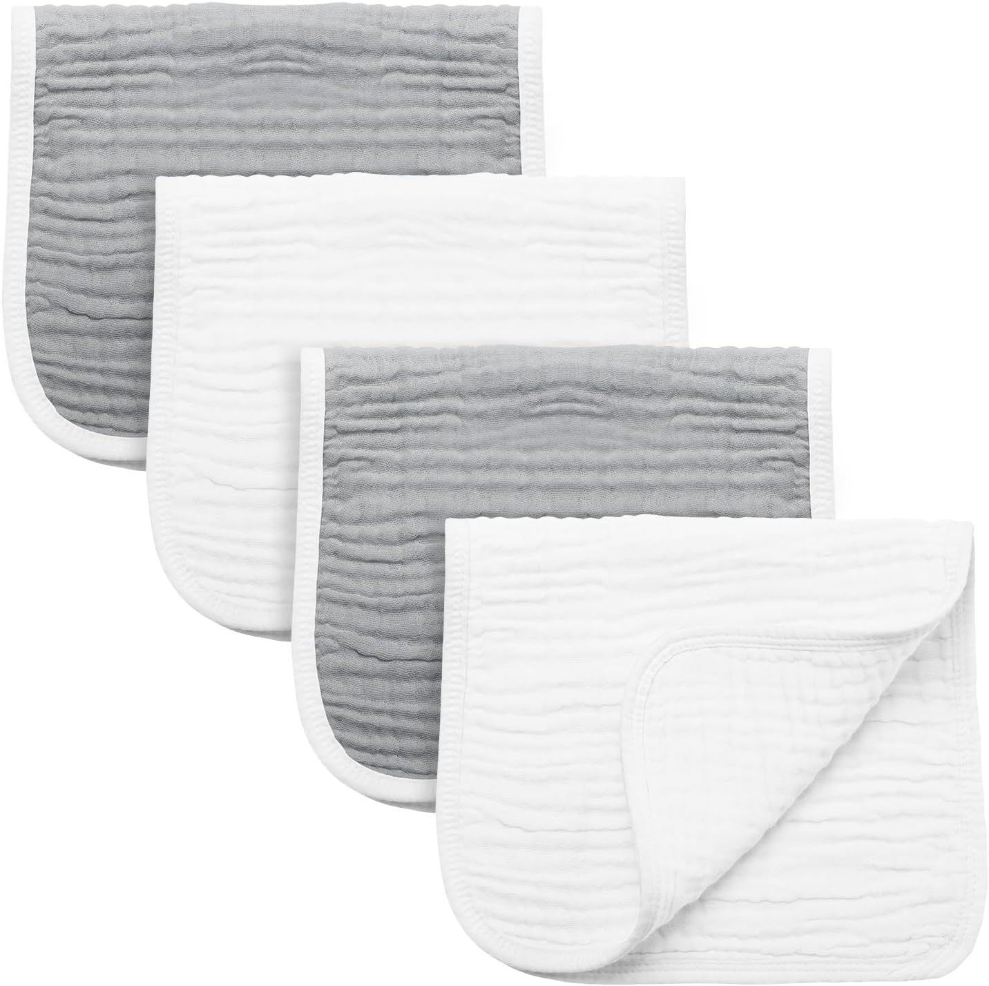 Synrroe Burp Cloths Large, Muslin Burp Cloths for Baby Girls and Boys, Pack of 4 Extra Absorbent and Soft Muslin, 6 Layers 20 by 10 Inches 100% Cotton (Grey-White 4 Pack)
