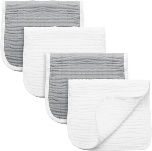 Synrroe Burp Cloths Large, Muslin Burp Cloths for Baby Girls and Boys, Pack of 4 Extra Absorbent and Soft Muslin, 6 Layers 20 by 10 Inches 100% Cotton (Grey-White 4 Pack)